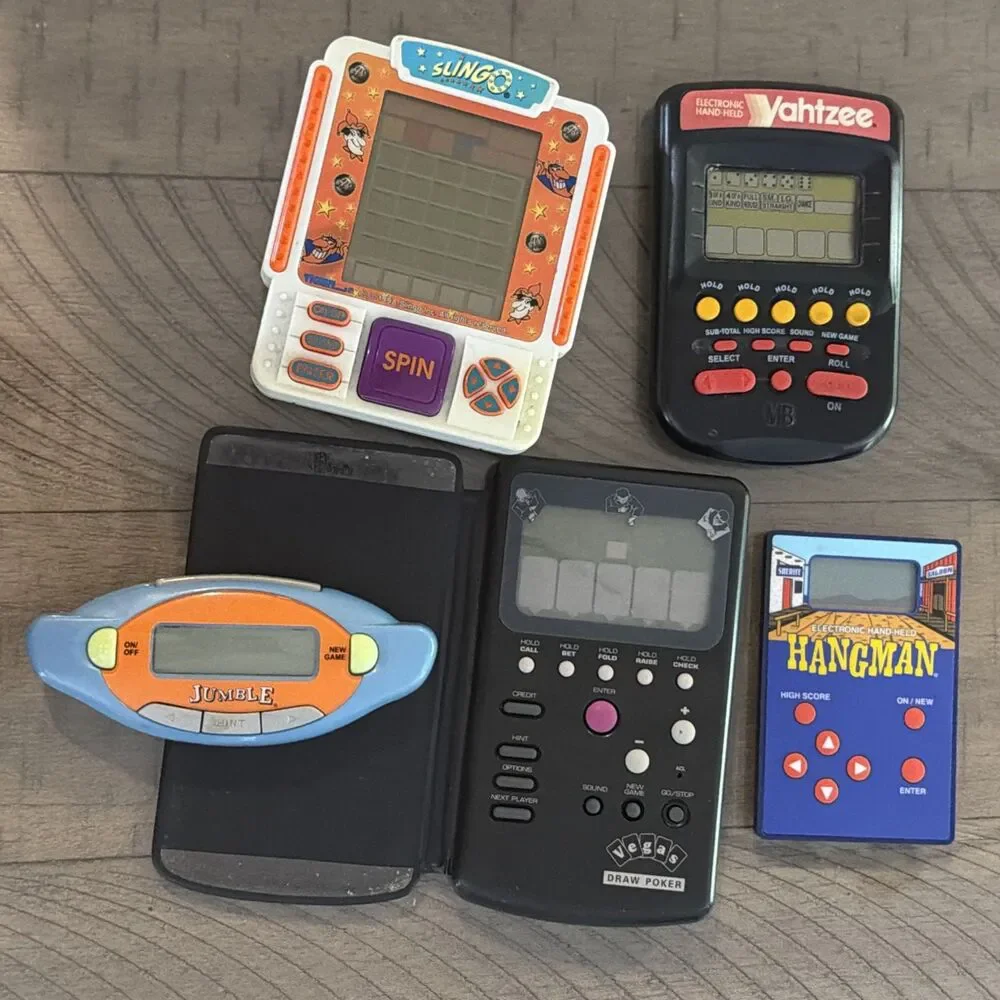 VTG Yahtzee Electronic Handheld Game lot hangman Poker Slingo Miltn Bradley READ